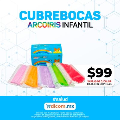 Cubrebocas Tricapa Infantil Arcoiris (caja con 50 piezas)